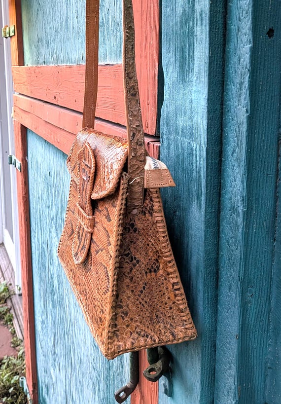 Vintage Handbag Structured Python Leather with Ad… - image 3