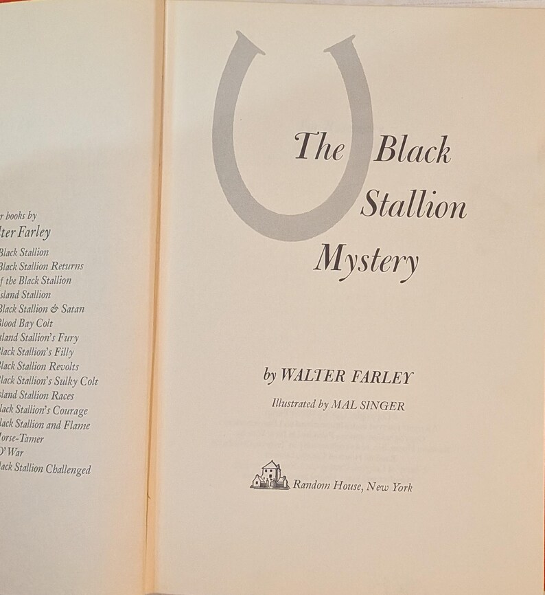 Title page for a book with the title "The Black Stallion Mystery" with a horseshoe graphic. The author is Walter Farley, illustrated by Mal Singer. Published by Random House, New York.