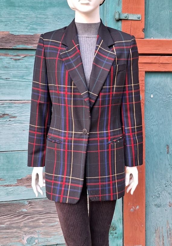 Vintage Black Plaid Long Cut Blazer Town & Country