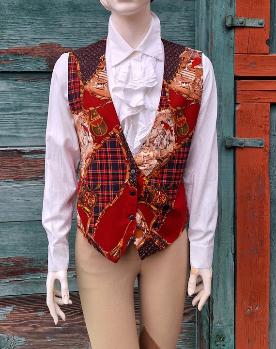 Vintage Vest Cotton Illustrated Fox Hunters and Fa