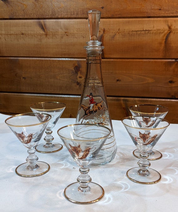 Vintage Cocktail Decanter & Glass set of 6 Fox and Fox Hunter  - 1950s