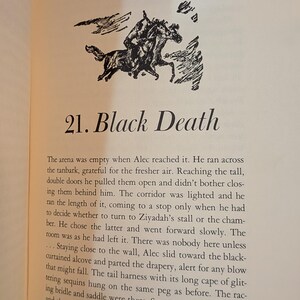 An illustration from a book page depicts two horses with riders in a dynamic, black and white sketch. The text "21. Black Death" is prominently displayed below the illustration, with accompanying descriptive text.