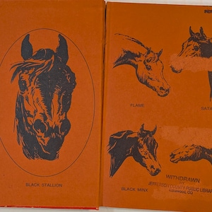 Inside cover page of a book that is orange with black illustrations of horses. The left side features a horse head in an oval frame with the text "BLACK STALLION." The right side shows horse heads labeled "FLAME," "SATAN," and "BLACK MINX."