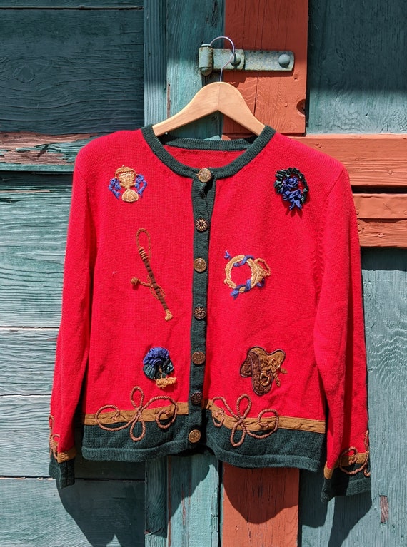 Vintage Cardigan Knit Red/Green Equestrian Detail… - image 6