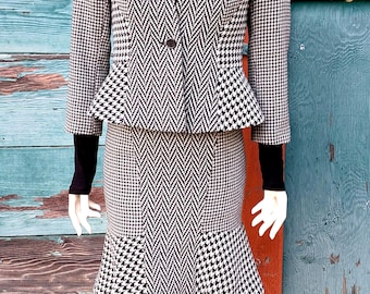 Vintage Damenanzug zwei-teilig aus schwarz-weißem Tweed/Hahnentritt – 1990er Jahre