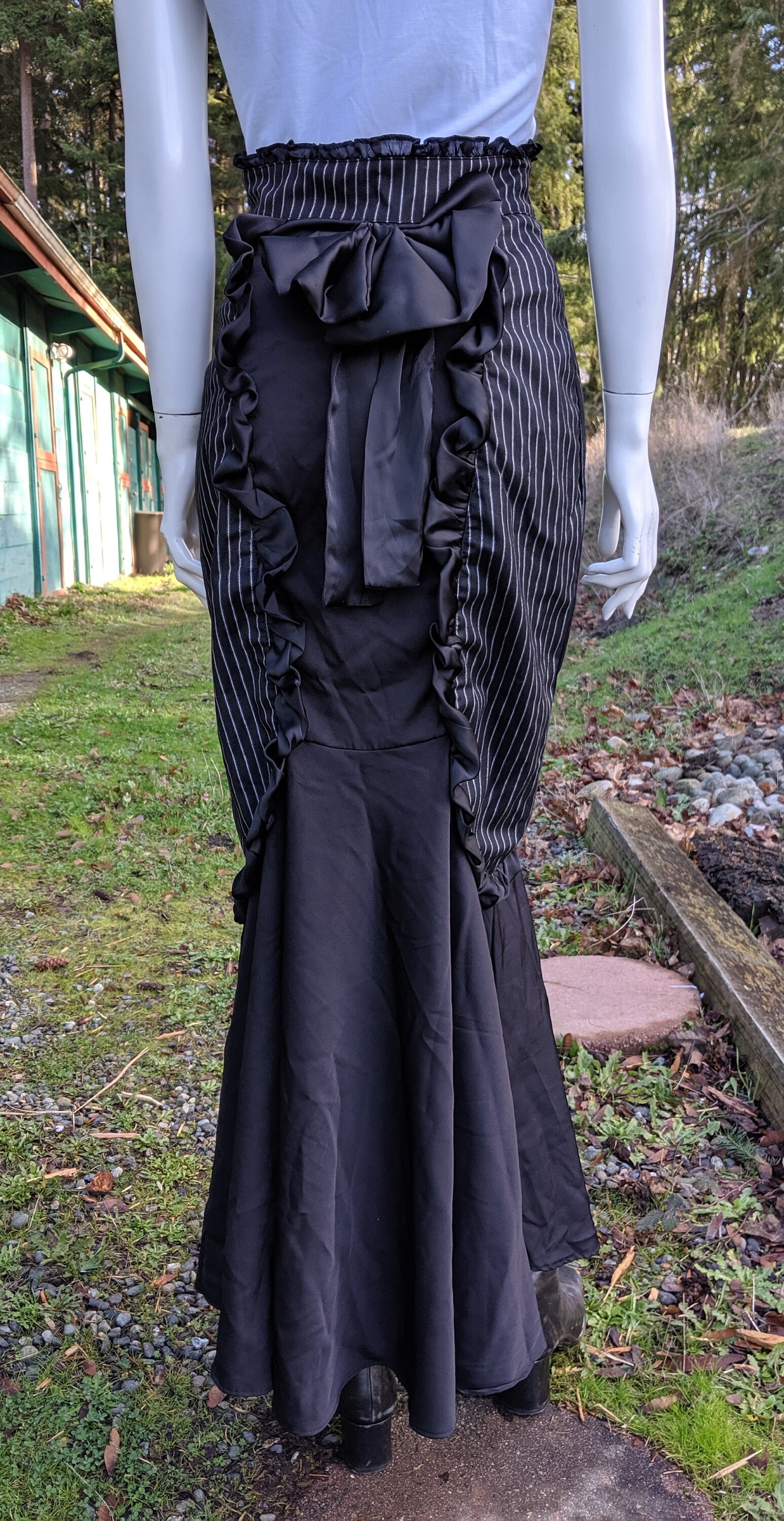 Vintage Long Skirt Pinstriped Victorian Inspired Back Bow