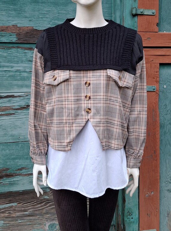 Vintage Sweater-Blouse Plaid with White Cotton and
