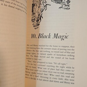 a page from a book titled 10. BLACK MAGIC. there is a black ink drawing of a horse rearing up
