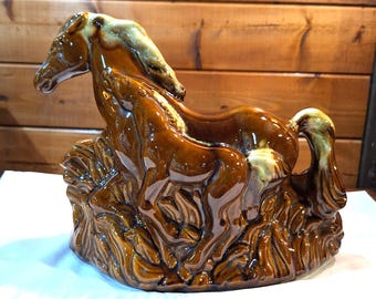 Vintage TV Lamp Brown Running Mare & Foal Ceramic – 1950’s