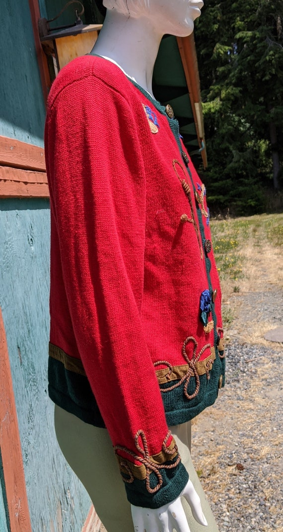 Vintage Cardigan Knit Red/Green Equestrian Detail… - image 4