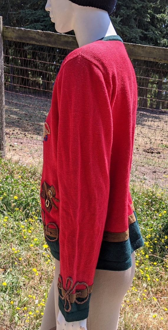 Vintage Cardigan Knit Red/Green Equestrian Detail… - image 2