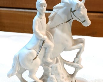 Vintage Figurine White Porcelain Bisque Field Hunter on Horse – 1950s