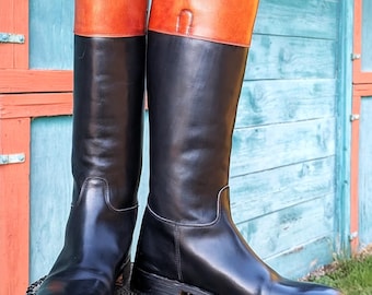 Vintage Reitstiefel, hohe Stiefel, maßgefertigt, zweifarbiges Leder, Serafini Sport, Italien – 1990er Jahre