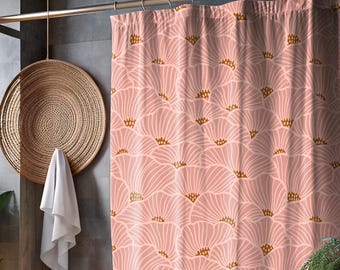 Blush Pink Fan Floral Shower Curtain, Art Deco Bathroom Decor, Scandinavian Modern Bath Curtain, Japandi Botanical Pattern, Washable Organic