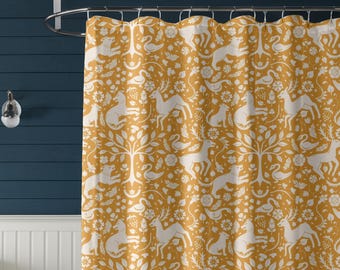 Mustard Woodland Folk Art Shower Curtain, Scandinavian Forest Animal Bathroom Decor, Otomi Nature Stall Drape, Botanical Cottagecore Bath