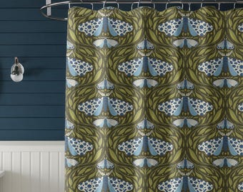 Green & Blue Moth Shower Curtain, William Morris Inspired Nature Pattern, Cottagecore Bath Decor, Dark Academia Botanical Whimsical Bathroom