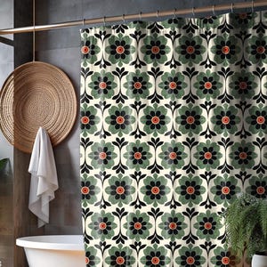 Vintage Modern Retro Floral Tile Fabric Bath Shower Curtain Elegant Green Red Orange Ivory Cream Black Bathroom Stall Drape Washable Gift
