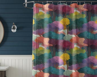 Colorful Shower Curtain, Abstract Bathroom Decor, Modern Maximalist Bath Curtain, Painterly Landscape, Impressionist Woodland Tree Art