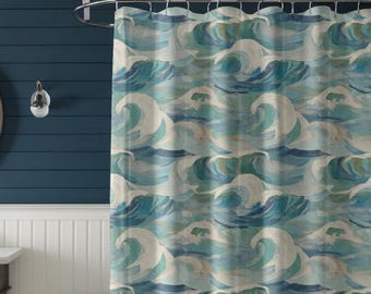 Painted Tides | Coastal Wave Shower Curtain | Abstract Ocean Bathroom Decor | Painterly Beach Bath Curtain | Modern Coastal Art