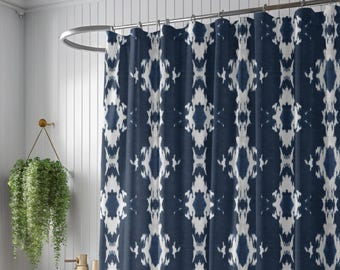Caspian Ikat Navy Blue Shower Curtain, Indigo Shibori Bathroom Decor, Modern Coastal Boho Farmhouse Geometric Bath Curtain