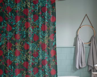 Pomegranate Shower Curtain, Dark Green Botanical Floral Bathroom Decor, Maximalist Boho Jewel Tone Vintage Eclectic Garden Bath Curtain
