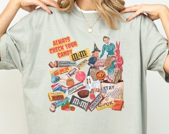 Camiseta vintage de Halloween Candy Comfort Colors, siempre revisa tu caramelo Mantente espeluznante truco o trato Maestro Regalo Calabaza Fantasma Bruja Camisa