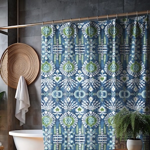 Blue Green Watercolor Suzani Floral Shower Curtain Boho Colorful Bathroom Decor Vintage Gift Modern Botanical Rustic Unique Retro Cozy