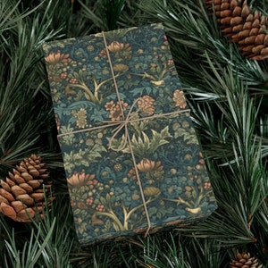 Dark Academia Botanical Forest William Morris Vintage Art Nouveau Wrapping Paper Roll Christmas Green Holiday Gift Wrap Cottagecore Woodland