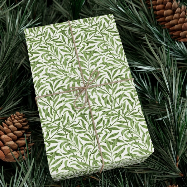 Botanical William Morris Willow Bough Vintage Art Nouveau Wrapping Paper Roll Christmas Green Neutral Holiday Greenery Gift Wrap Cottagecore