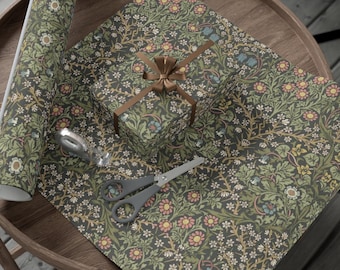 Cottagecore Victorian Botanical Forest William Morris Blackthorn Vintage Art Nouveau Wrapping Paper Roll Christmas Green Holiday Gift Wrap