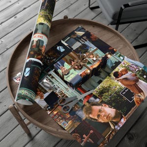 May include: A collage of images from the movie "You've Got Mail" printed on wrapping paper. The paper features scenes from the film, including the characters played by Tom Hanks and Meg Ryan, as well as the iconic "The Shop Around the Corner" bookstore.