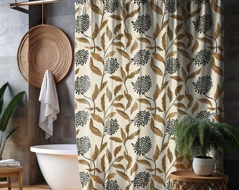 Floral Simple Rustic Boho Shower Curtain Bathroom Decor Botanical Print Nature-Inspired Modern Gift Dorm Cream Gold Black Minimal Organic