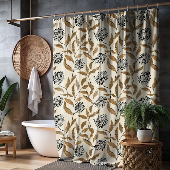Floral Simple Rustic Boho Shower Curtain Bathroom Decor Botanical Print Nature-Inspired Modern Gift Dorm Cream Gold Black Minimal Organic
