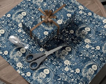 Puede incluir: Papel de regalo con estampado floral azul y blanco con una cinta y un lazo marrón en la parte superior de una caja de regalo envuelta.