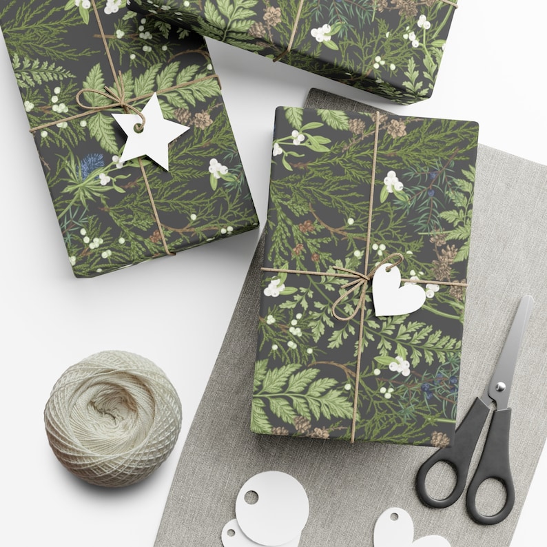 Lighter, Vintage Version: Forest Dark Cottagecore Holiday Greenery Wrapping Paper Roll Rustic Winter Woodland Gift Wrap Pine Farmhouse Gift image 2