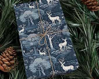 Blue Winter Stag Deer Forest William Morris Vintage Art Nouveau Wrapping Paper Roll Christmas Blue Holiday Gift Wrap Cottagecore Woodland