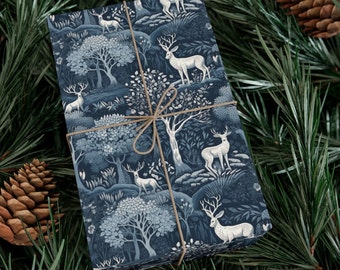 Blue Winter Stag Deer Forest William Morris Vintage Art Nouveau Wrapping Paper Roll Christmas Blue Holiday Gift Wrap Cottagecore Woodland