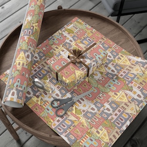 Neutral Norwegische Weihnachten Häuser Geschenkpapier Rolle Urlaub Häuser Geschenkverpackung Vintage Braut gedeckte Farben Vielseitig Geburtstag Babyparty