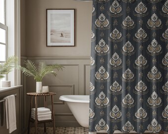Boho Floral Block Print Shower Curtain, Vintage Bathroom Decor, Indian Inspired Bath, Moody Botanical, Black Gold Damask, Dark Paisley