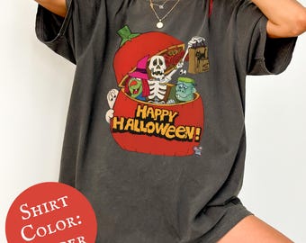 Happy Halloween Skeleton in Jack-o'-Lantern T-Shirt | Trick or Treat Shirt Vintage Retro Fall Tee, Comfort Colors Soft Shirt, Pumpkin Ghost