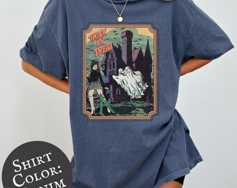 Trick or Treat Ghosts Haunted House T-shirt | Halloween Horror Tee, Spooky Graveyard Fall Shirt, Zombie Vintage Retro Pinup Comic Style