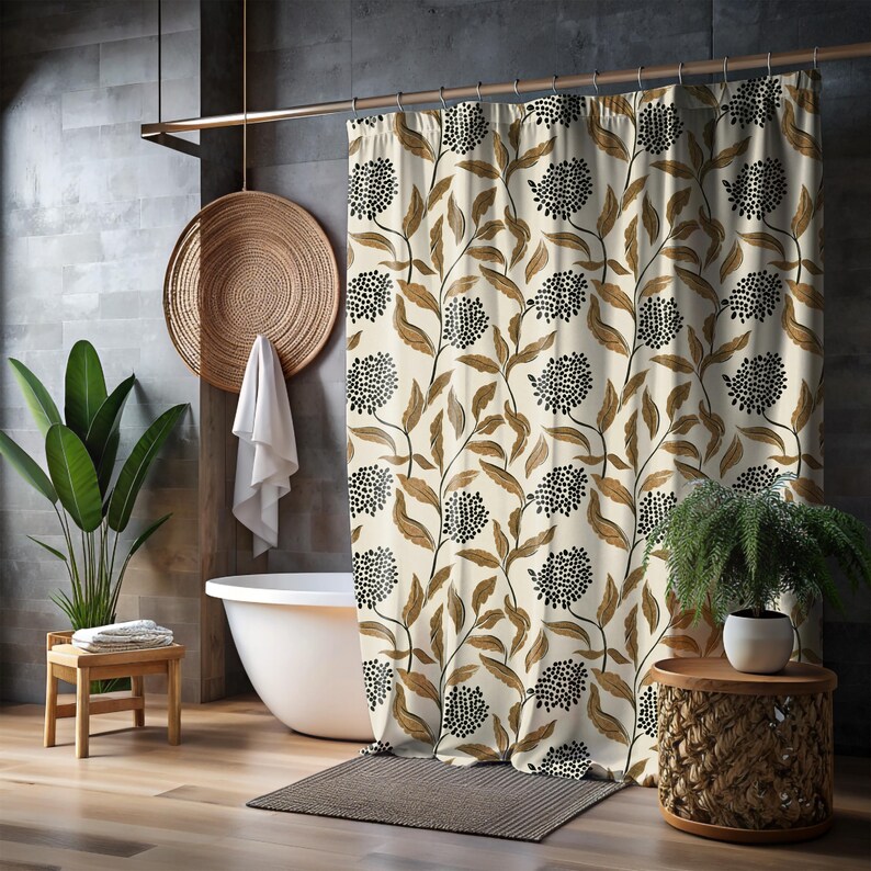 Floral Simple Rustic Boho Shower Curtain Bathroom Decor Botanical Print Nature-Inspired Modern Gift Dorm Cream Gold Black Minimal Organic