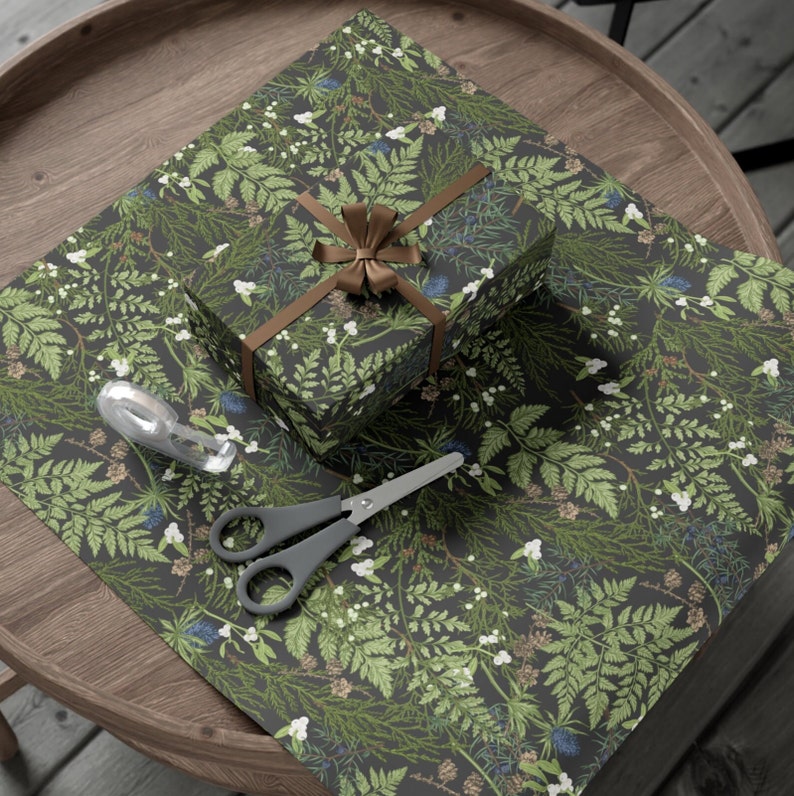 Lighter, Vintage Version: Forest Dark Cottagecore Holiday Greenery Wrapping Paper Roll Rustic Winter Woodland Gift Wrap Pine Farmhouse Gift image 1