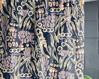 Purple Abstract Illustrated Floral Botanical Inspired Painted Shower Curtain Dark Navy Coral Sage Green Retro Tones Unique Bathroom Decor