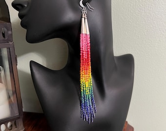 Beaded Fringe Tassel Earrings - Rainbow Pride
