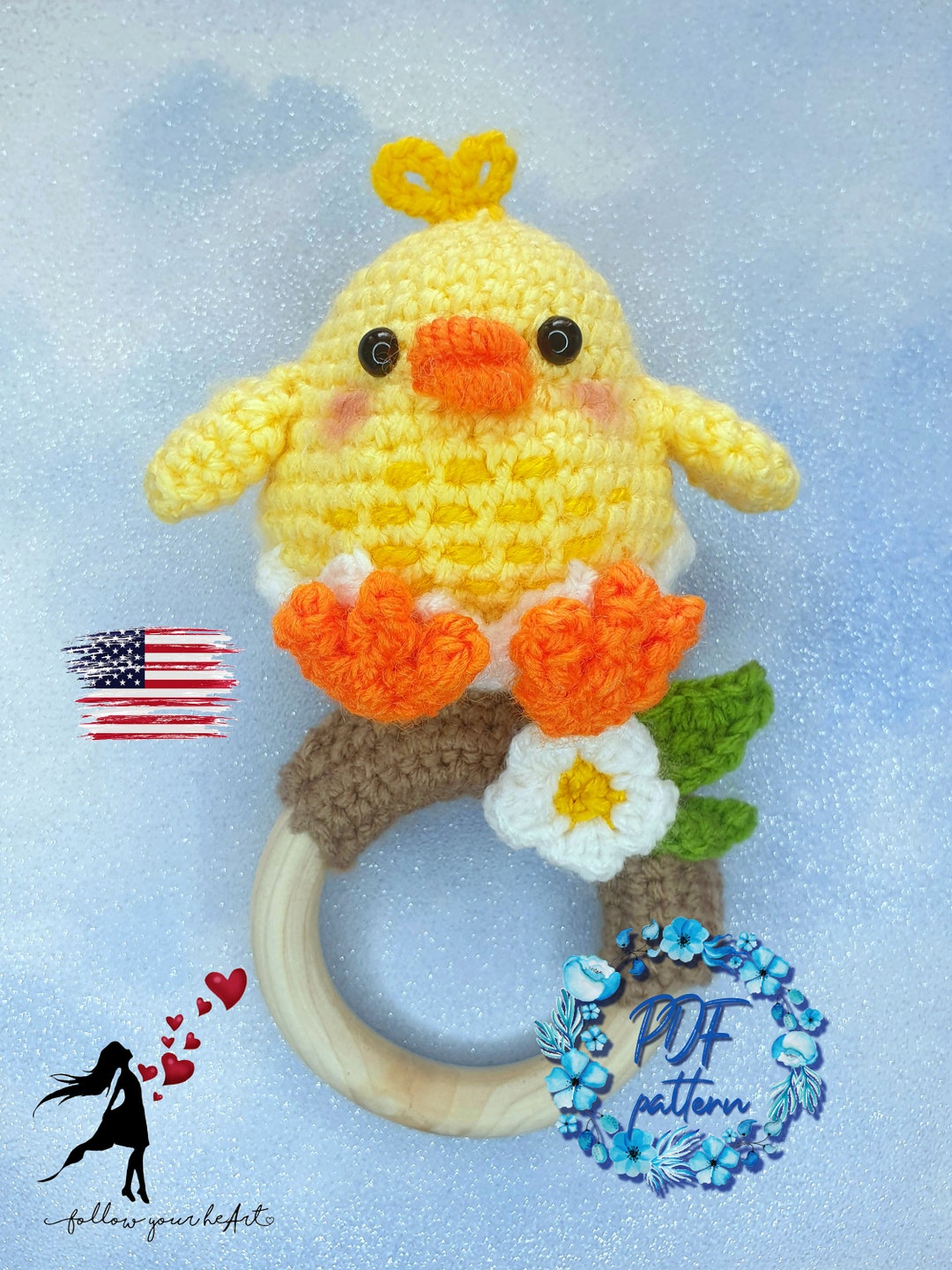 CROCHET PATTERN Amigurumi Baby Rattle/ Teething Ring. Chicken/ Bird