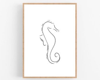 Seahorse line art, Seahorse print, Abstract sea creature wall decor, Minimalist art, Modern room decor, Tropical printable wall art, Drawing