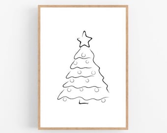 May include: A minimalist line drawing of a Christmas tree with a star on top, framed in a light wood. The tree is black on a white background, with simple round ornaments. A festive, modern holiday decoration.