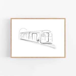 以下が含まれることがあります： 「NYC」と側面に書かれた地下鉄の線画の白黒のイラスト