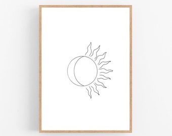 Sun line art, Sun print, Abstract sun wall decor, Minimalist art, Modern room decor, Sun printable wall art, Moon print, Sun, Moon, Moon art